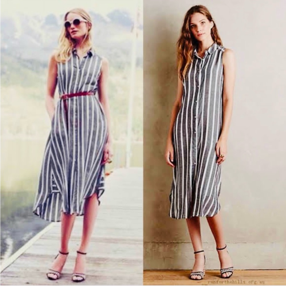 HOLDING HORSES Anthropologie Striped Midi Dress Gray White Size 6